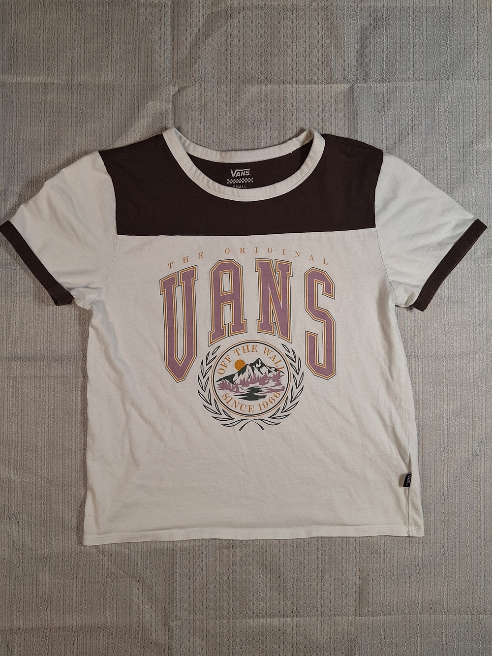 Vans Women's Small Cropped Cream & Brown Logo Ringer Tee